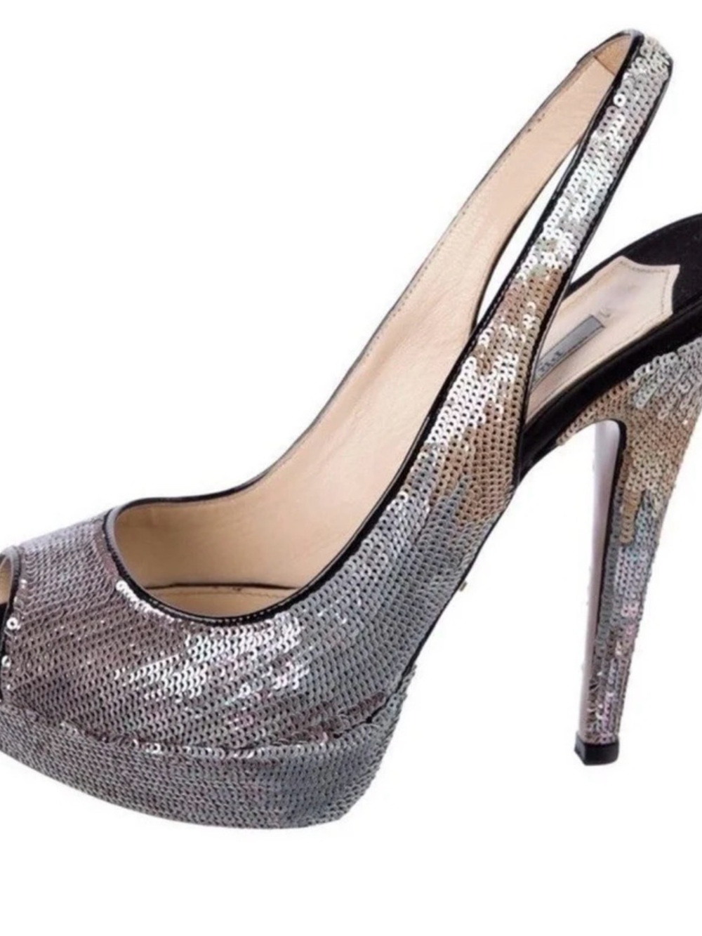 Prada Silver Sequin Slingback Peep Toe Pumps